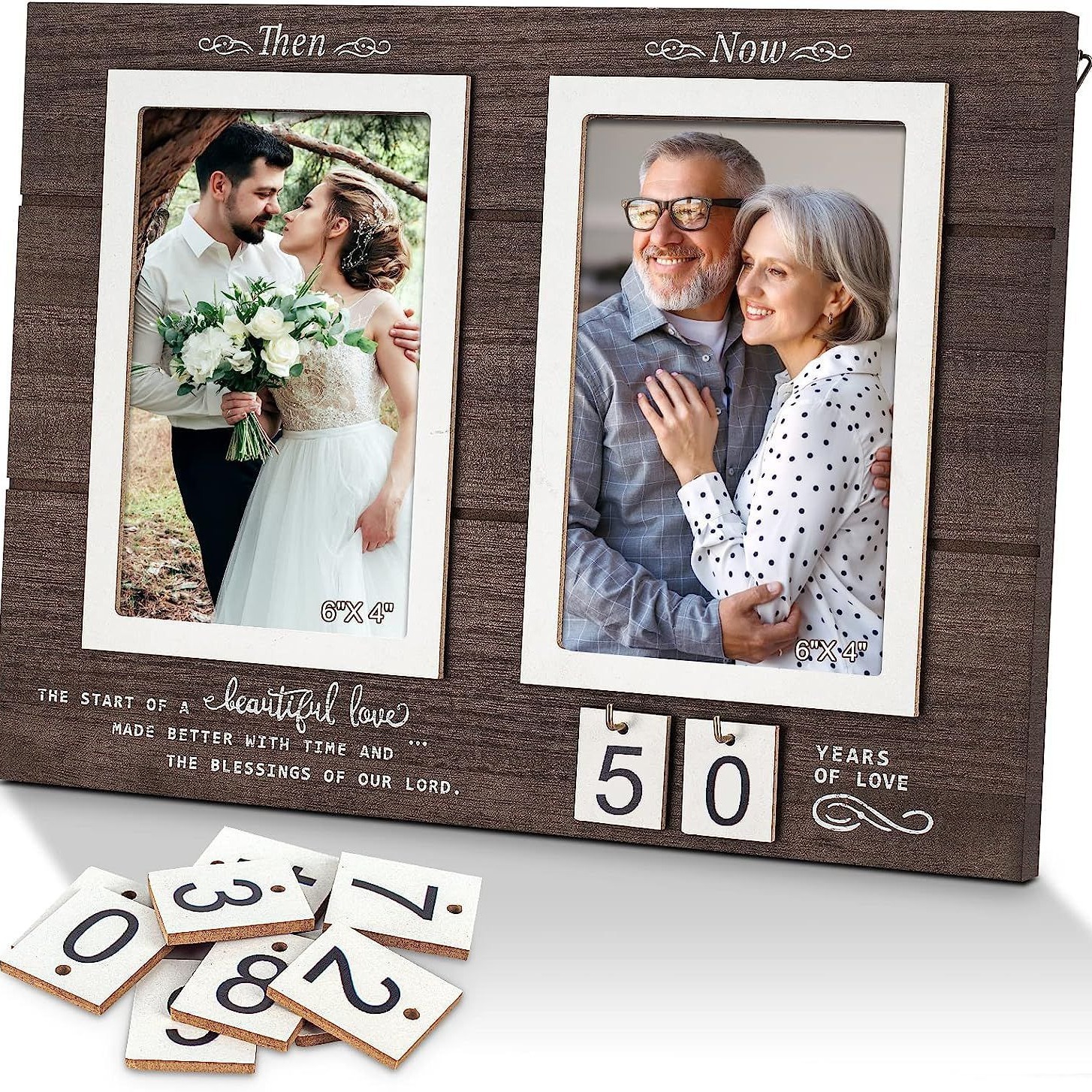 En stock Amazon creativo Aniversario de madera marco de fotos compromiso boda pareja con 4*6 pulgadas mesa de fotos
