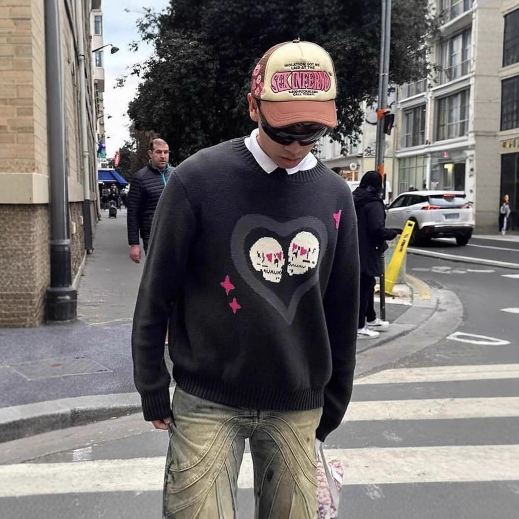 Streetwear Halloween Strickpullover – Übergroßer Unisex-Pullover mit Geister- und Sternenstickerei_voghion.com