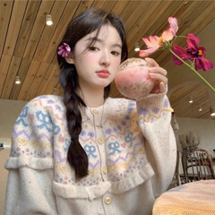 温柔费尔岛花边针织开衫2025秋冬新款宽松甜美清新花边毛衣外套女