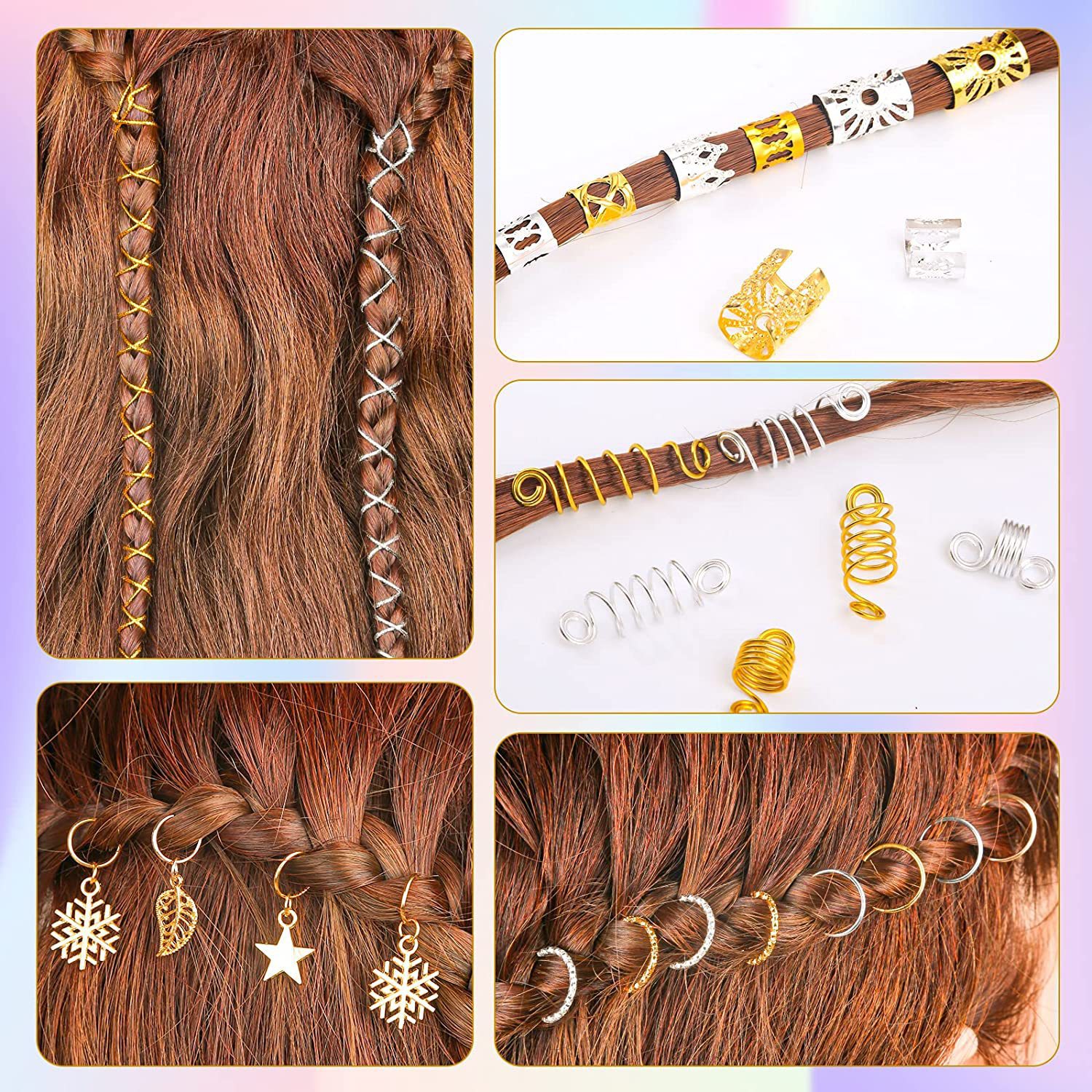 259 piezas de Amazon DIY damas trenzas para el cabello largo envase colgante de cuentas de aluminio anillo trenzado dorado puño