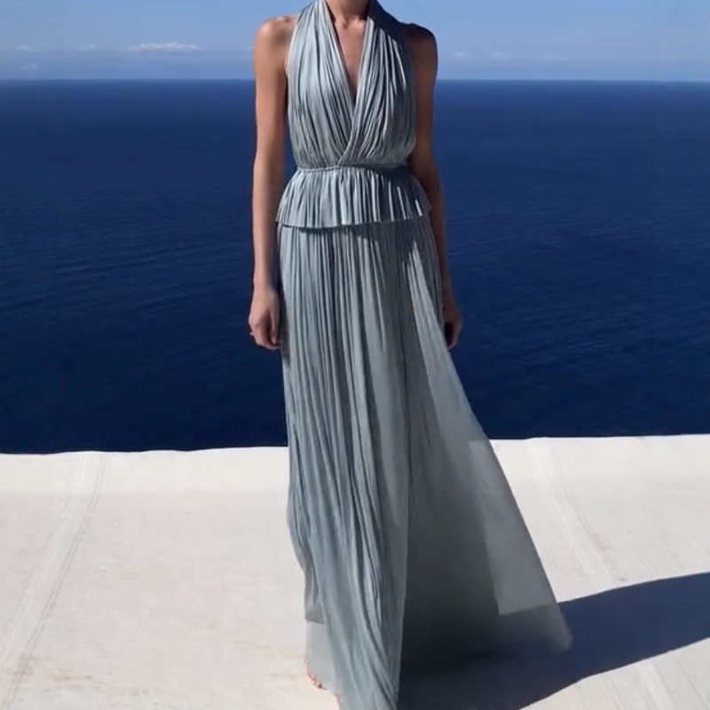 2025 Summer Halter Neck Deep V Slightly See-Through Large Open Back Sexy Flowing Pleated Gauze Long Vacation Style Dress for Women
