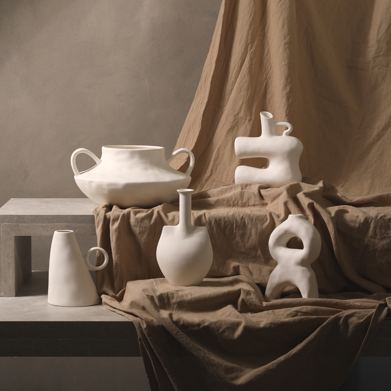 Nordic ins estilo blanco pigmento quema de cerámica gran jarrón tarro decoración salón arreglo de flores TV gabinete decoración de flores secas