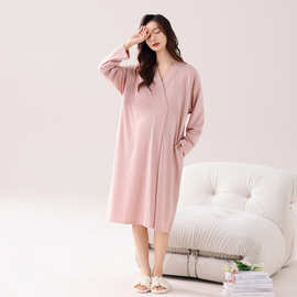 【带胸垫】春秋棉拉架女长袖V领睡裙孕妇产后哺服月子服家居服