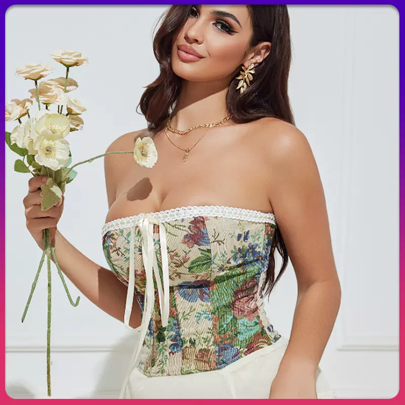 外贸束身胸衣蕾丝花边系带侧拉链复古花朵印花裹胸法式鱼骨小背心