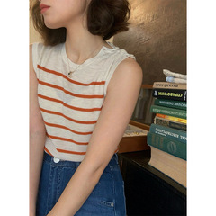 背心的法式感 肩膀可打開自製輕薄針織夏季百搭條紋無袖上衣2024