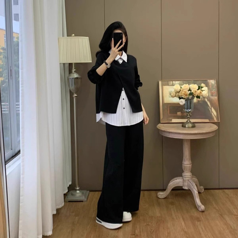 Plus-Size Autumn Fashionable High-End Wide-Leg Pants Set for Women, Age-Reducing Two-Piece Outfit 150kg Plus-Size Autumn Fashionable High-End Wide-Leg Pants Set for Women, Age-Reducing Two-Piece Outfit 150kg