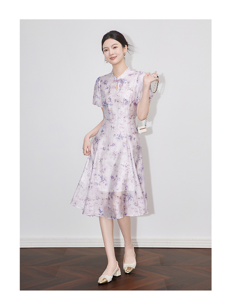 Váy liền maxi in họa tiết sườn xám phong cách Trung Quốc, chất liệu lanh pha sợi, tôn dáng — Màu tím chi tiết 7