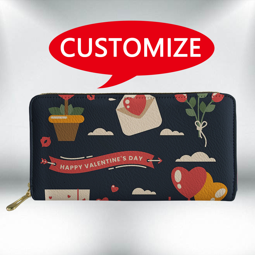 Billetera de mano para mujer de PU con temática de San Valentín, cartera de cuero con cremallera y monedero, suministro directo de fábrica.
