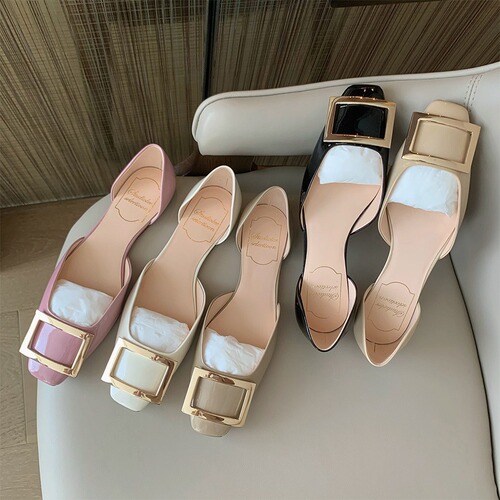 Send it right away! Grape Mama's Same Style Commute RV Square Buckle Lacquered Leather Square Toe Open Mouth Hollow Flat Women's Shoes Autumn