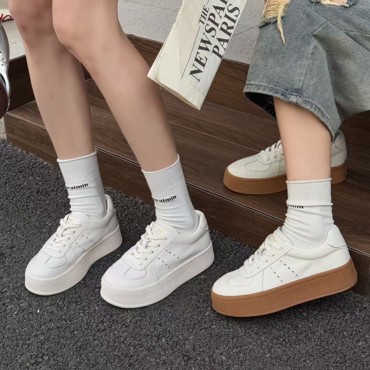Giày sneaker nữ đế dày da thật mới mùa xuân 2025 tăng chiều cao đế mềm chống trượt — Trắng/nền mơ, Màu trắng