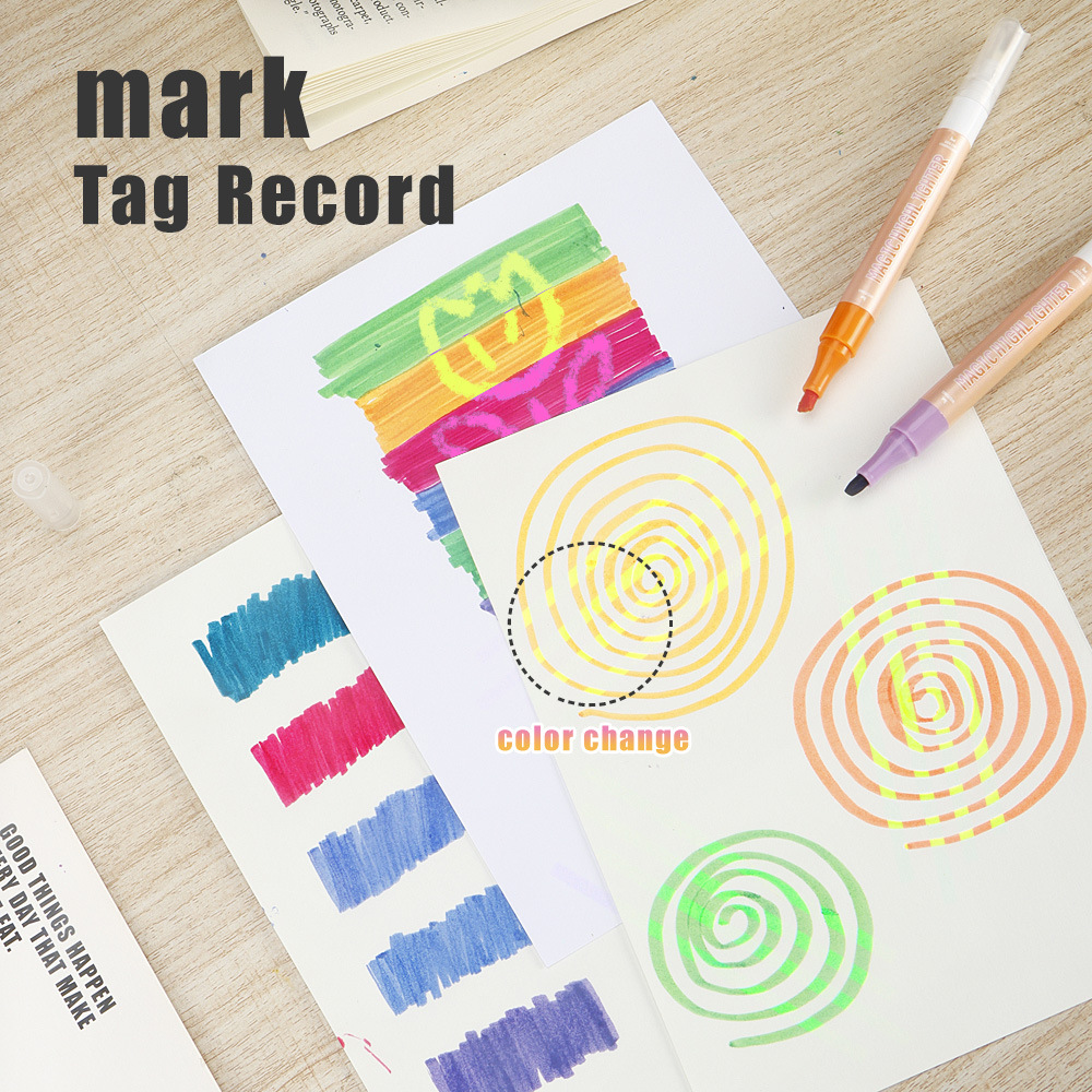 Dos cabezas de resaltador de cambio de color conjunto de estudiantes DIY dibujo interesante marcado trazos puntos marcadores de color al por mayor