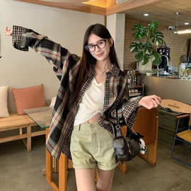 复古长袖格子衬衫外套女春夏款美拉德