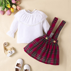 LAZADA亞馬遜熱賣女童套裝嬰幼童蕾絲領白色上衣+格子背帶裙套裝