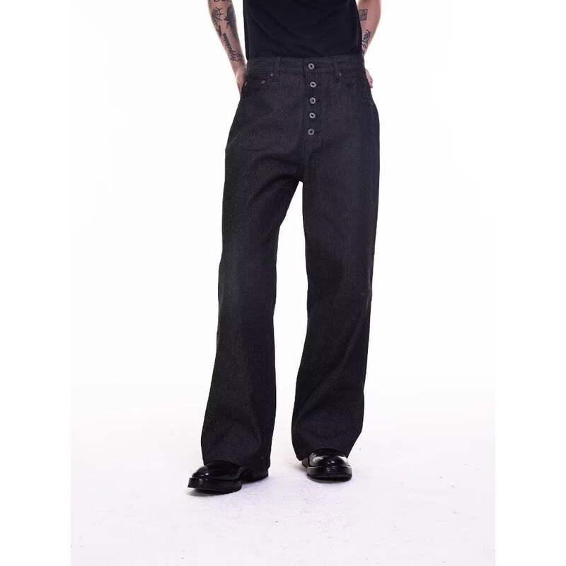 Men's Retro Washed Loose Placket Buttoned Pants 2025 Autum New Straight Wide-Leg Denim Pants