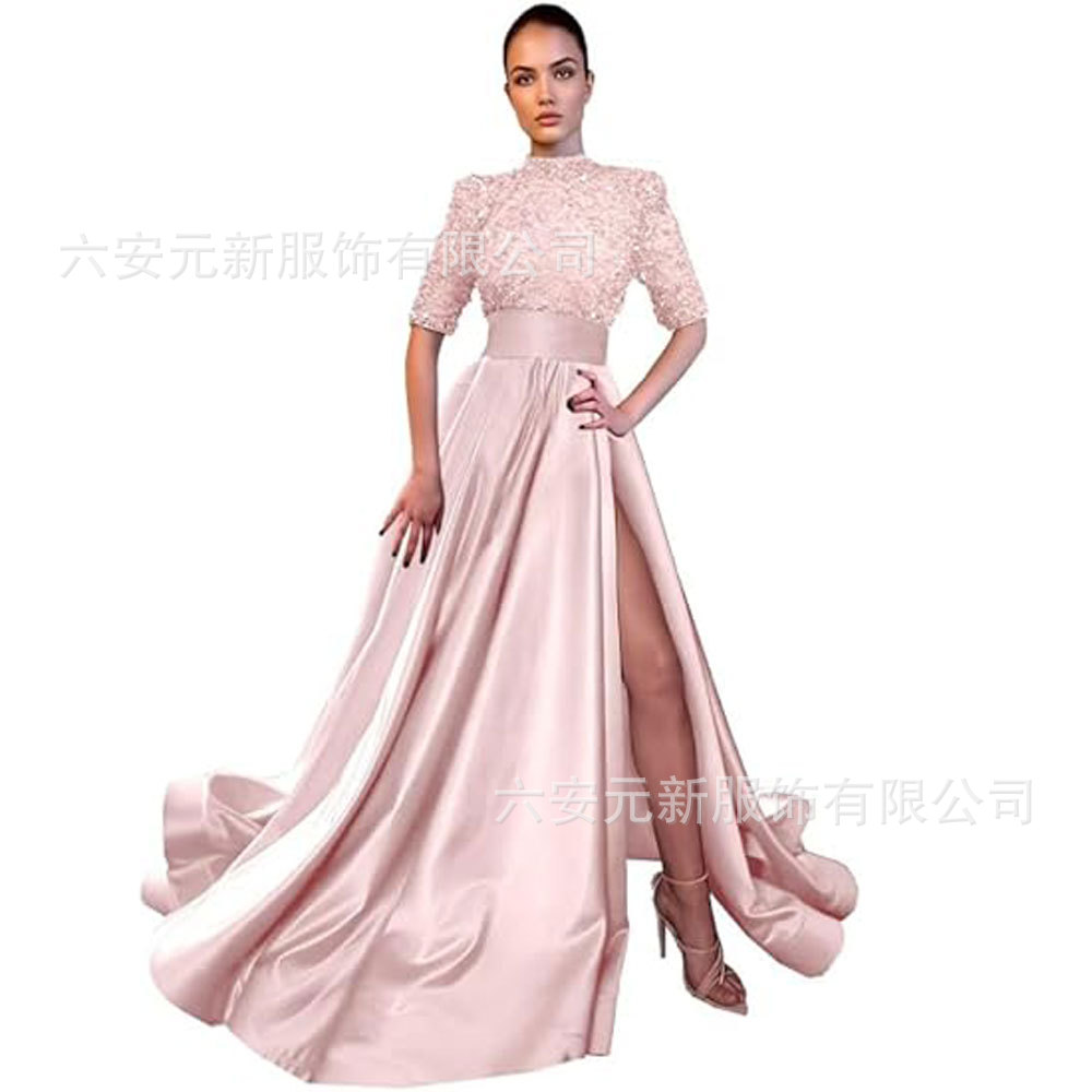 Europeo y americano Amazon AliExpress vestido de fiesta media manga lentejuelas satén vestido de noche A-line vestido de fiesta de hendidura image 25