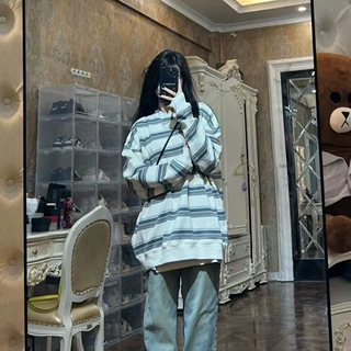 条纹长袖卫衣女2023春秋薄款外穿宽松慵懒百搭韩版垂坠感圆领上衣