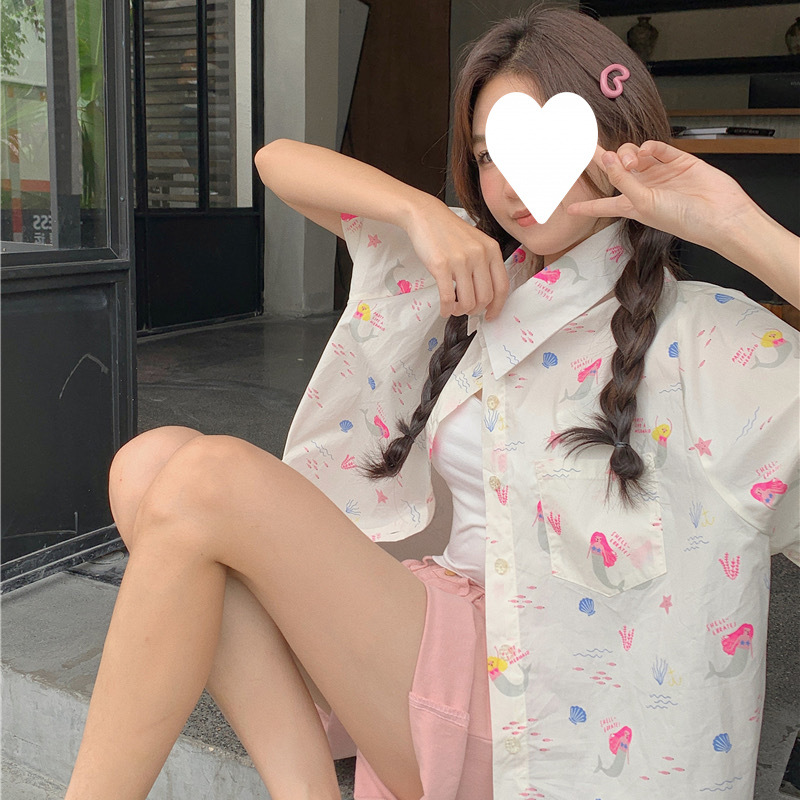 日系新款星星短袖开衫夏季衬衫宽松印花设计感小众休闲衬衣上衣