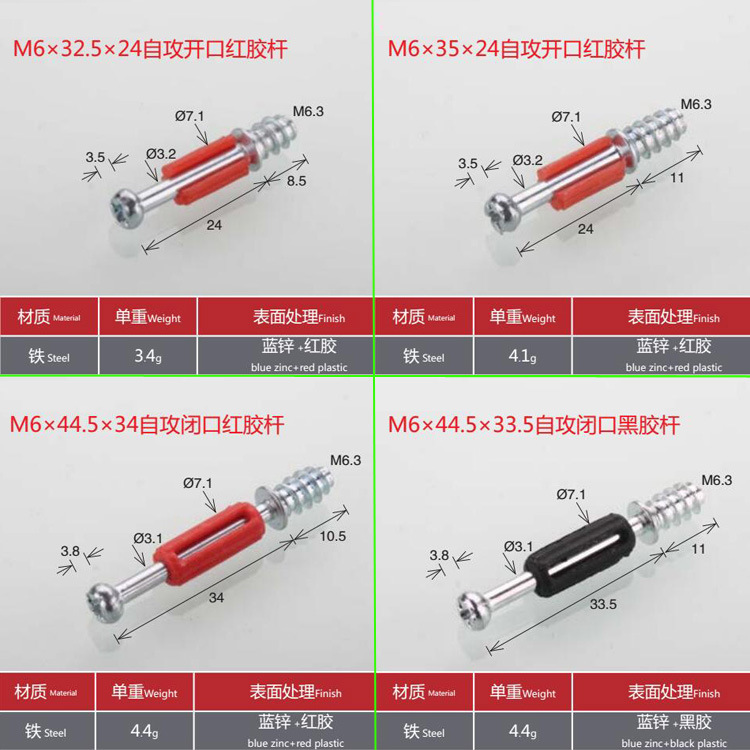32,5/35/39/42/44/45mm placa del Gabinete dos-en-una varilla de plástico autorroscante tres-en-una varilla con posicionamiento
