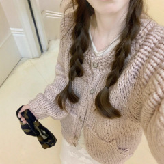 秋季2025年新款氛围感漂亮毛衣外套韩系慵懒风粉色针织开衫女
