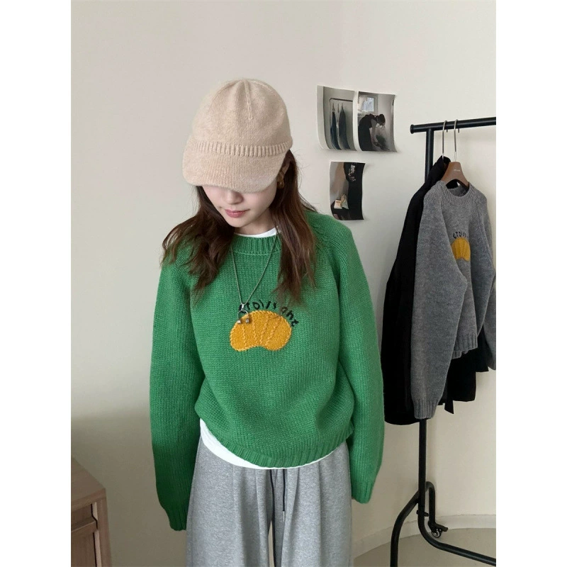Милый вязаный свитер с рисунком из мультфильма, круглый воротник, размер oversize.