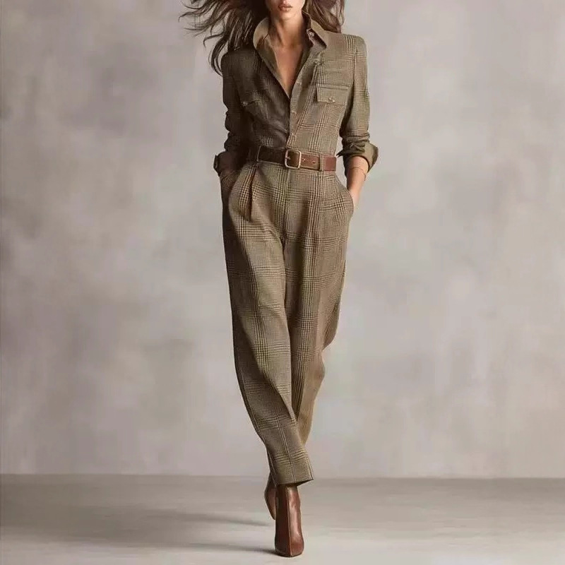 2025秋季欧美跨境亚马逊速卖通女士经典复古格纹工装连体裤