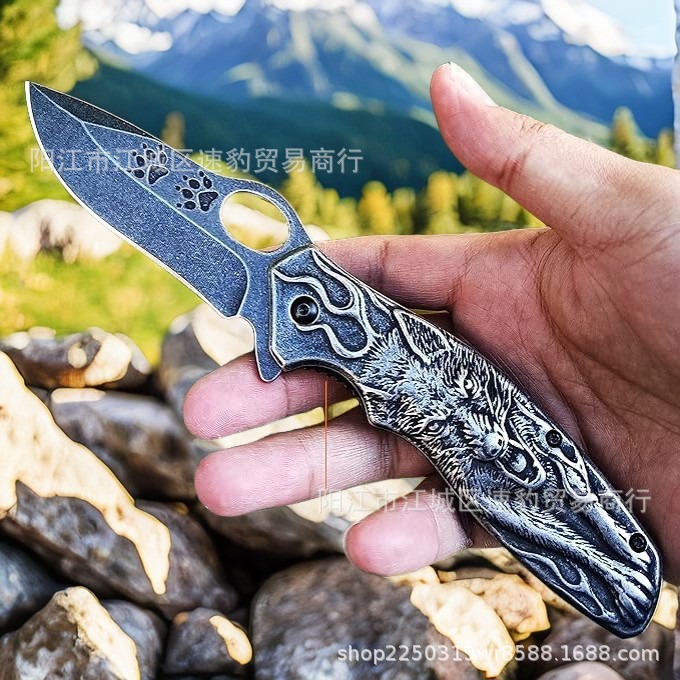 狼浮雕折叠刀不锈钢手柄水果刀便携跨境热销刀具源头厂家批发直销