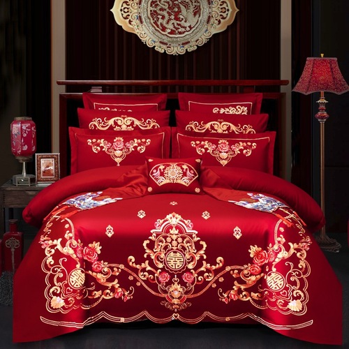 婚庆四件套大红色全棉刺绣结婚床上用品新婚喜被套件纯棉绣花床品