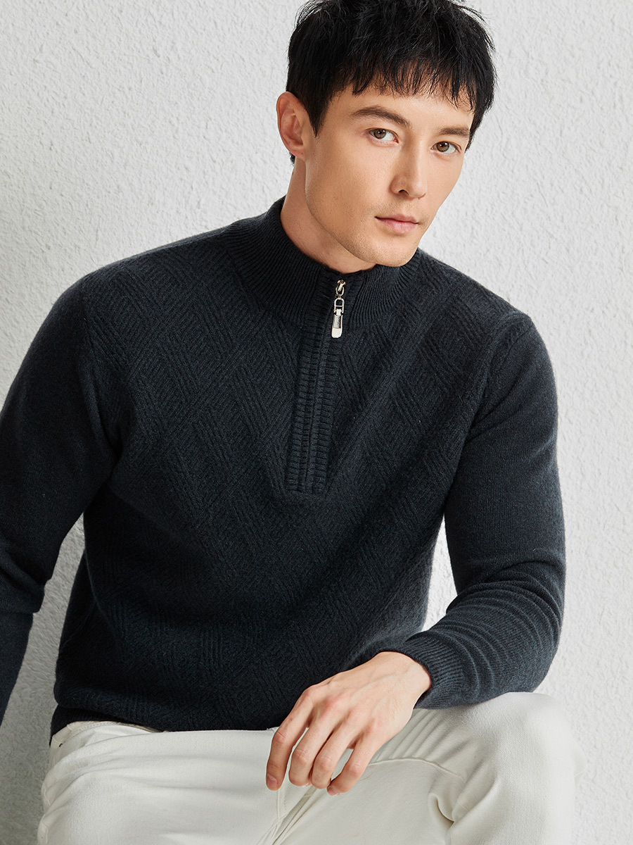 Winter solid color woolen knitted keep warm sweater with zipper