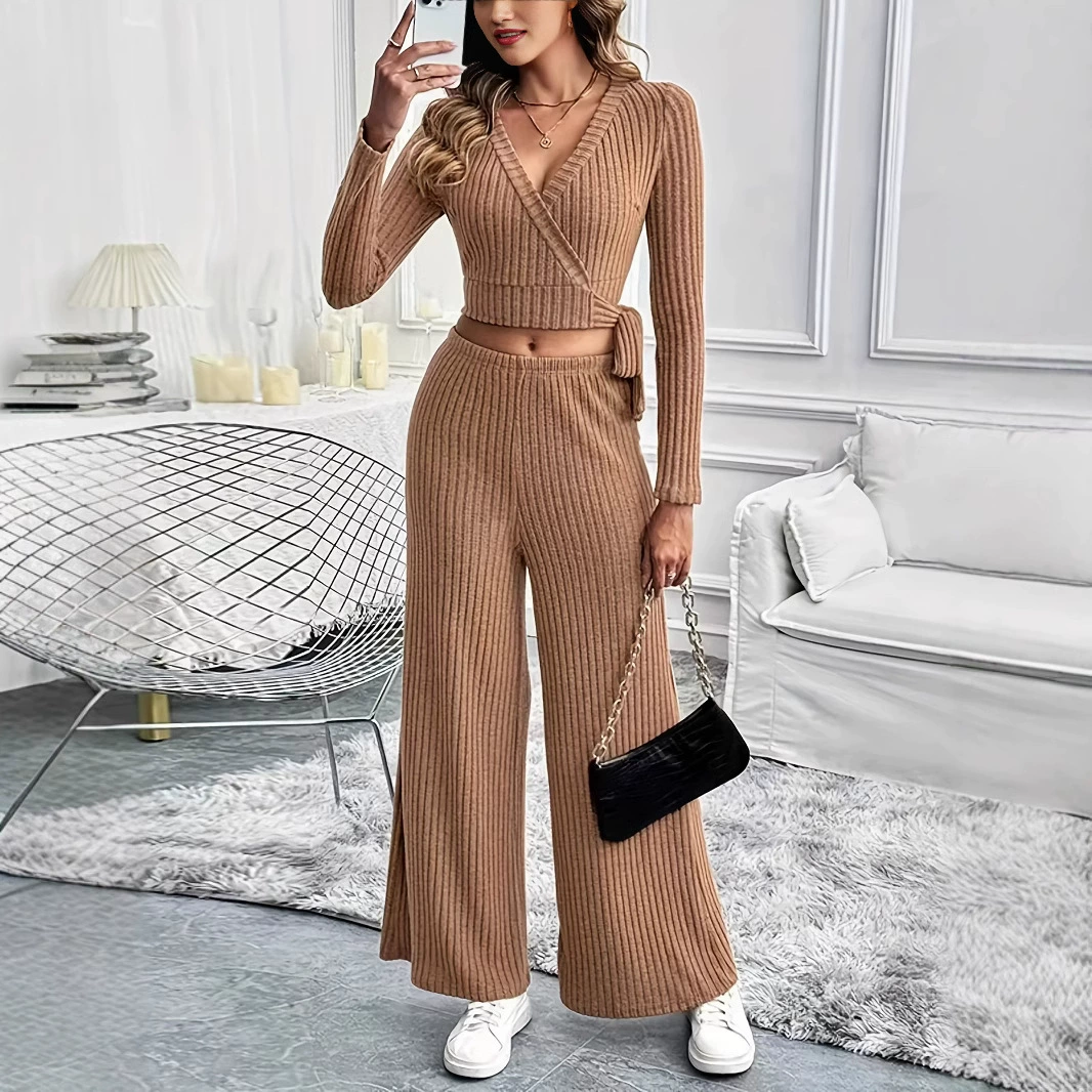 046 европейские и американские элегантные и стильные пригородные воротники с длинными рукавами топ с тонкими широкими брюками