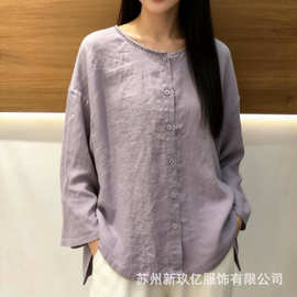 2026春新款圆领宽松纯色宽松女士开衫长袖衬衫粗麻上衣开衫