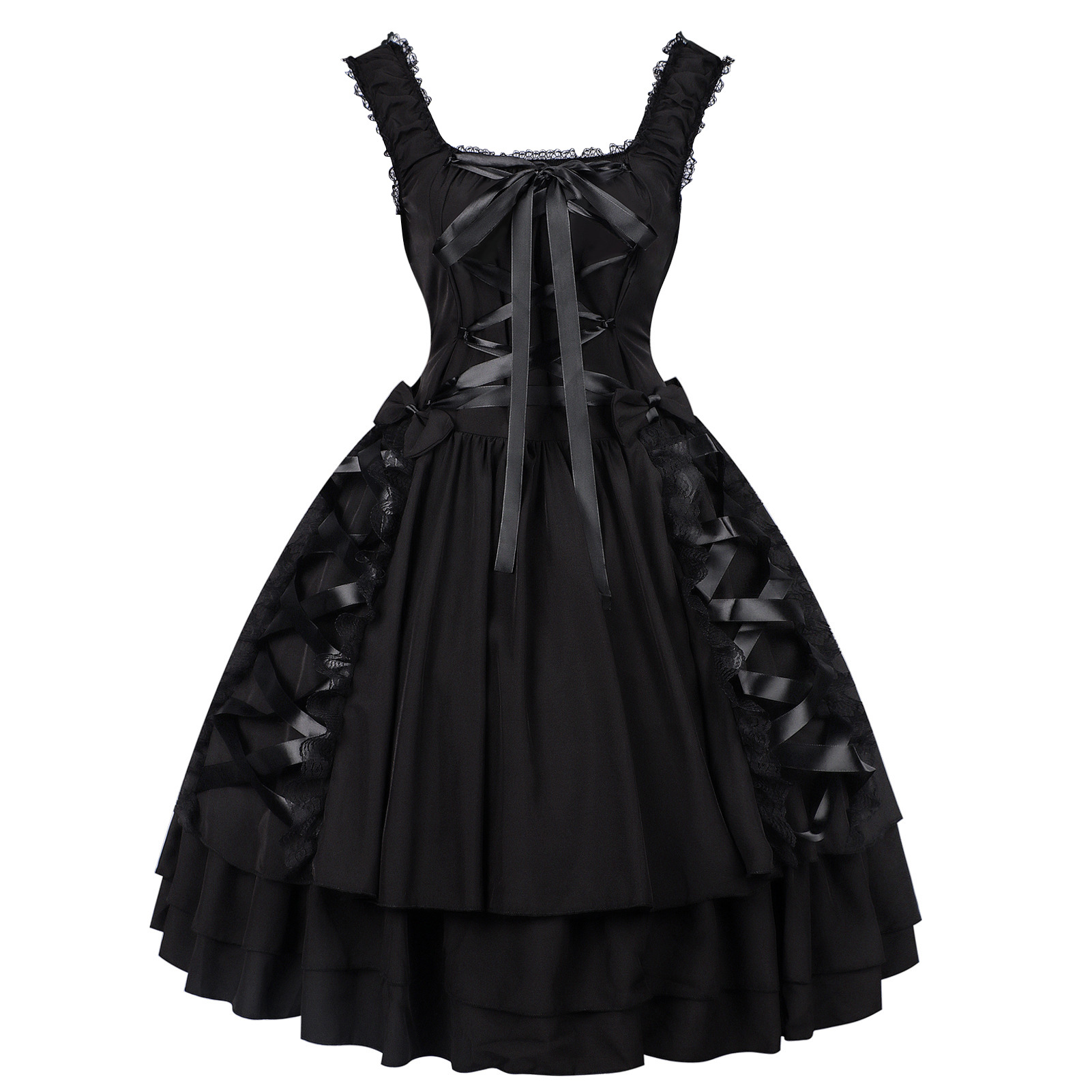Manzhixin's New Foreign Trade European and American Style Women's Dress Halloween Retro Gothic Lace Trim Tie-Up Maid Dress