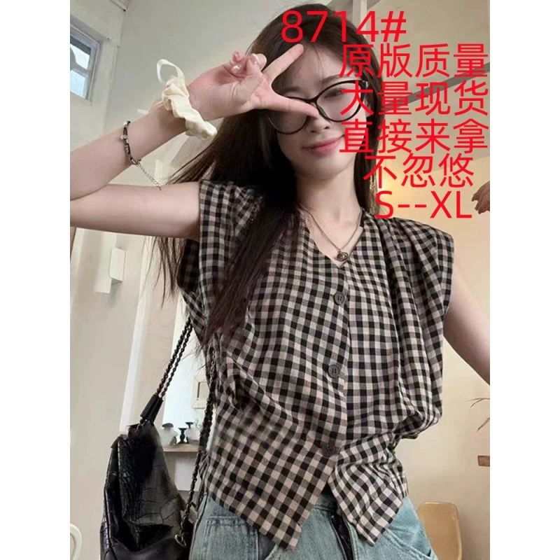 Ретро клетчатая рубашка без рукавов с v-образным вырезом, новинка 2025 года, женская летняя свободная рубашка в тон, элегантный маленький топ с летящими рукавами