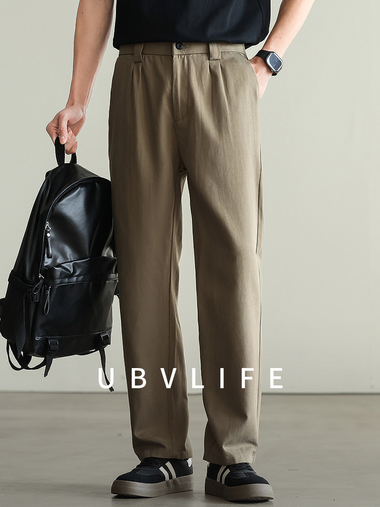 【リヨセル・テンセル＆コットン】ドレープ感のあるストレートカジュアルパンツ メンズ 2026春 通勤 カーキ色 ワイドパンツ