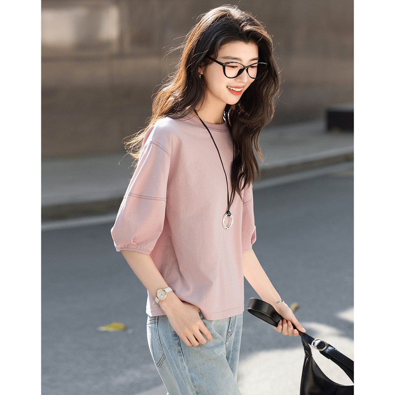 2025 Summer Fashionable Color Line Decorative Base Shirt with Lantern Sleeves Loose Women's T-shirt