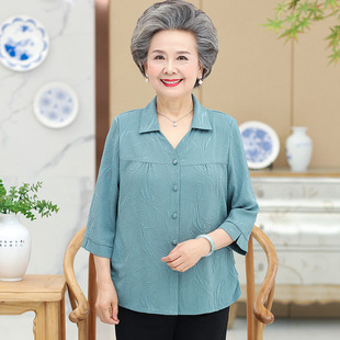 Grandma summer lapel shirt for middle-aged and elderly people 60-year-old 70 mother's shirt for old lady 3/4 sleeve solid color top