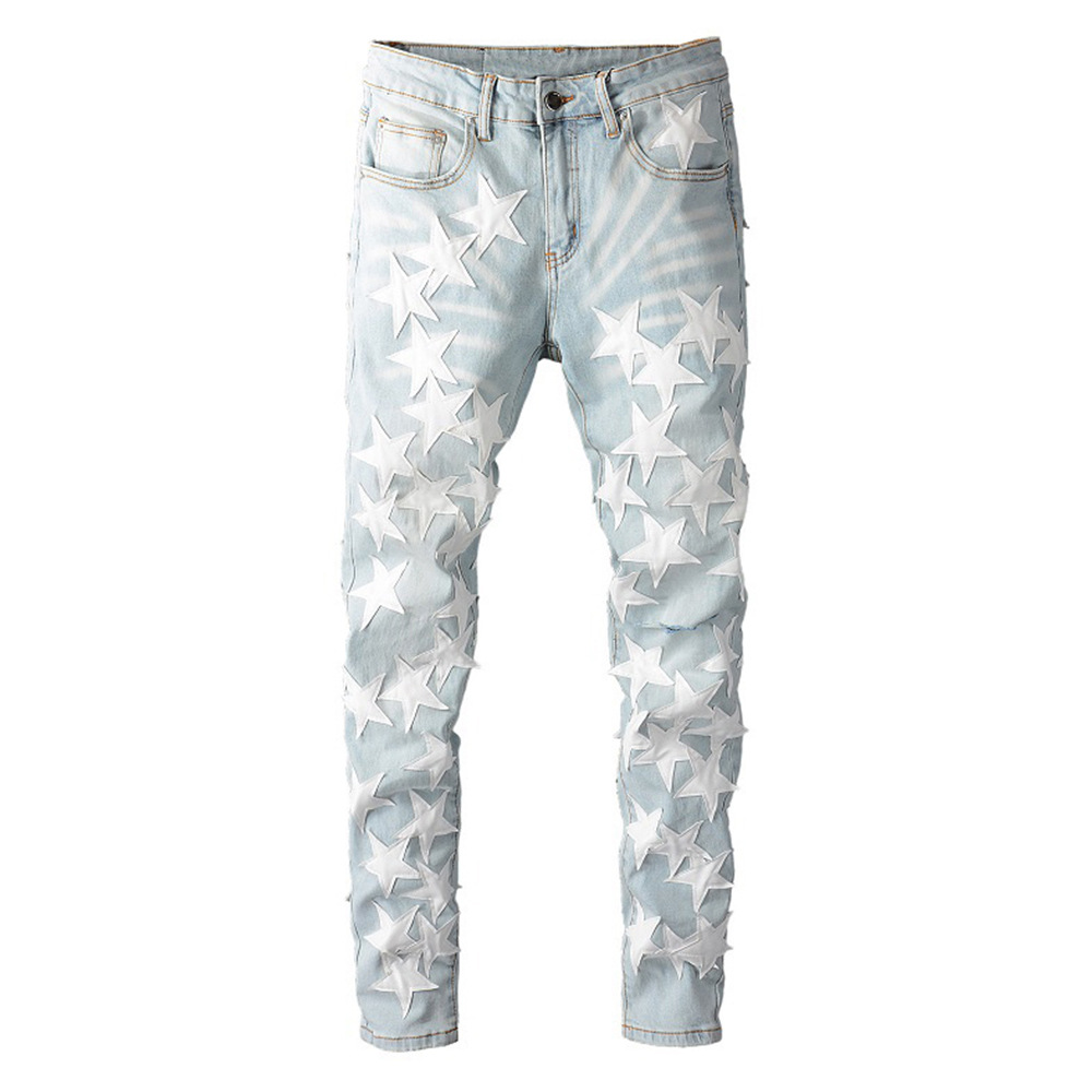 Jean homme slim fit élastique avec trous aux genoux et étoiles_voghion.com
