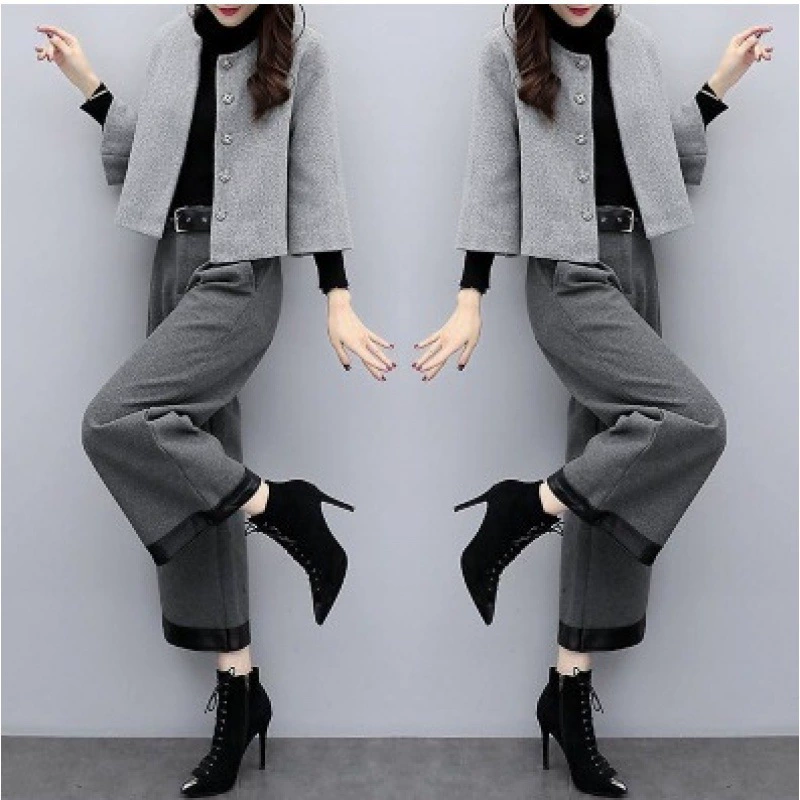 Новый женский осенне-зимний комплект 2025 года: шерстяная укороченная куртка и брюки-палаццо больших размеров, повседневный модный костюм для женщин, трендовый