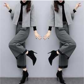 2025新款女装秋冬大码两件套裤毛呢短外套阔腿裤休闲时尚套装女潮