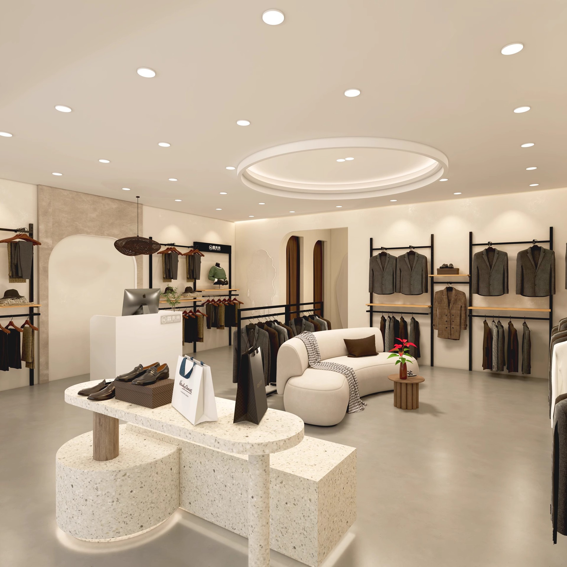 Marca de ropa de hombre transfronteriza estante de exhibición de tiendas de ropa de trajes estante de abrigo de alta gama mostrador de centro comercial estante de exhibición tipo piso