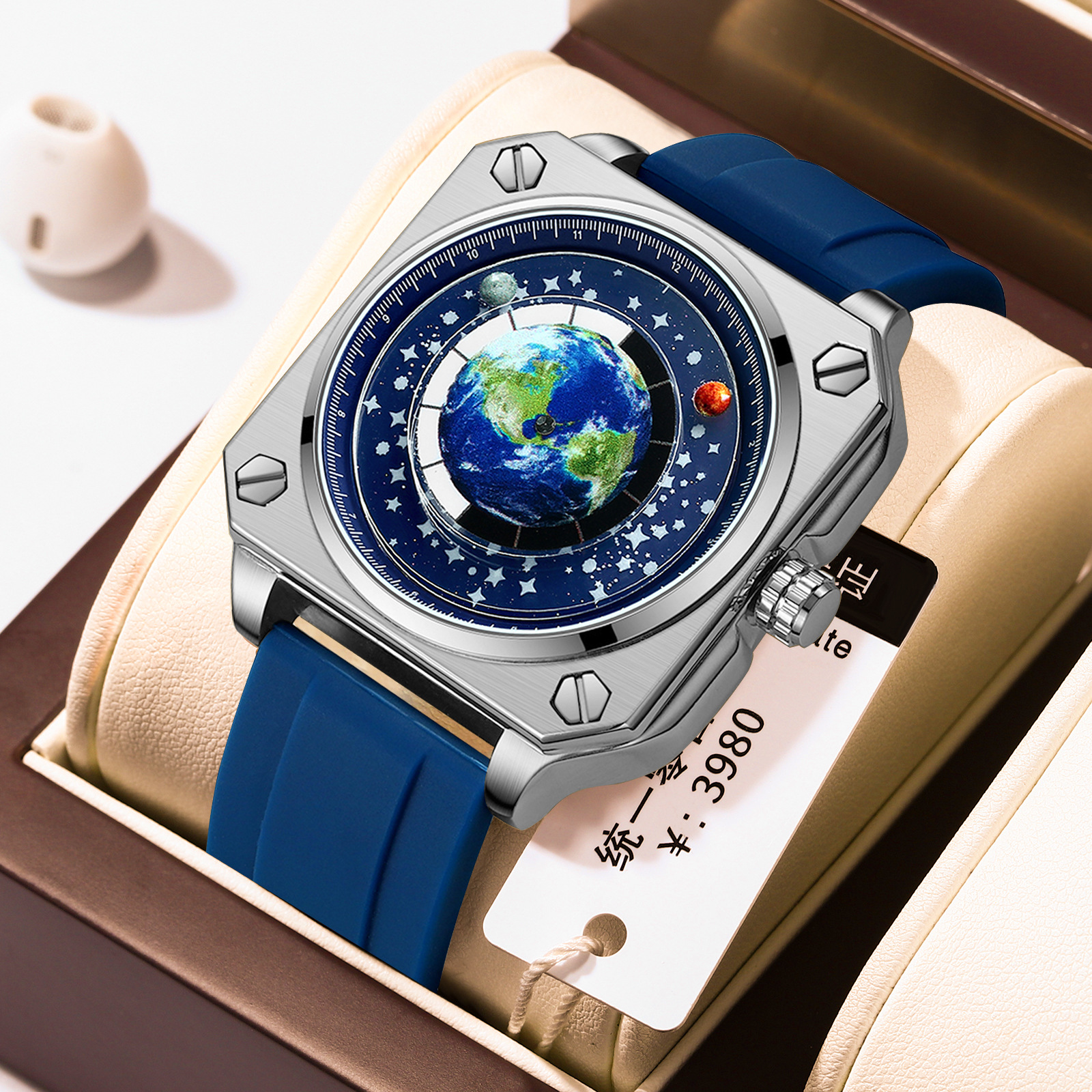 Binbang 2023 New Men's Watch Creative Cool Big Dial Moon Earth Star True Belt Stone Foreign Trade