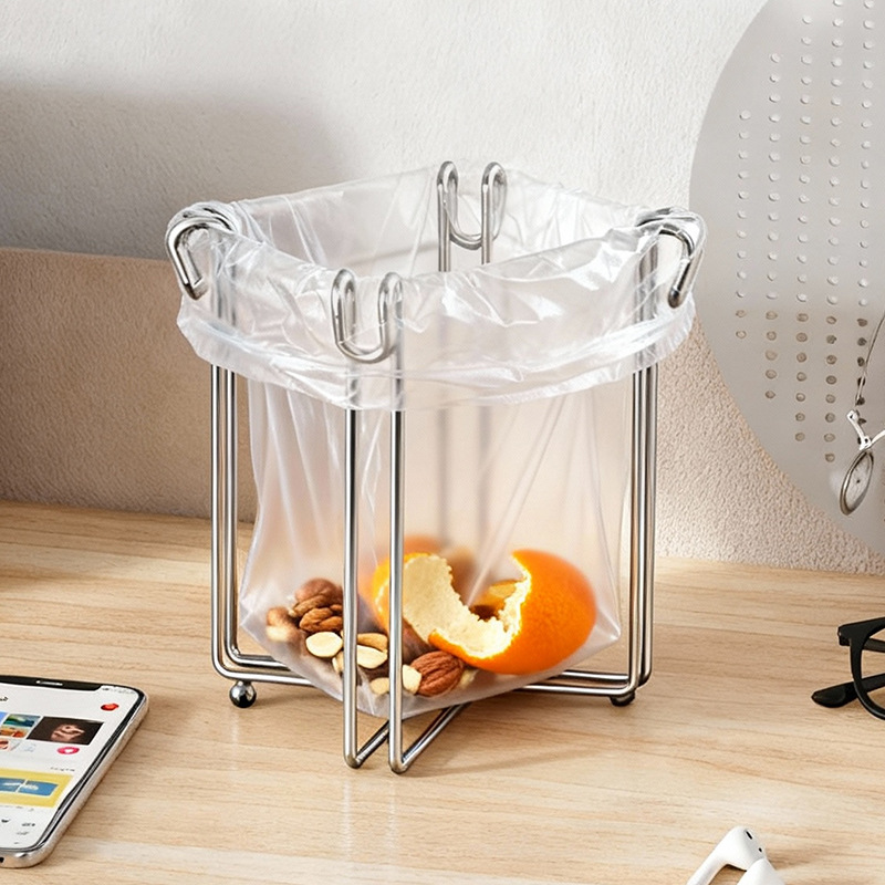304 Stainless Steel Foldableable Garbage Rack Kitchen Countertop Garbage Bag Support Rack Simple Trash Can Bracket