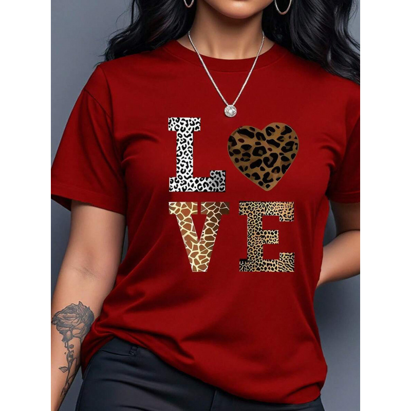 AliExpress 국경 간 여성 의류 뜨거운 판매 순수 코튼 레오파드 프린트 러브 LOVE 티셔츠 여성 유럽과 미국의 맞춤형 문자 인쇄