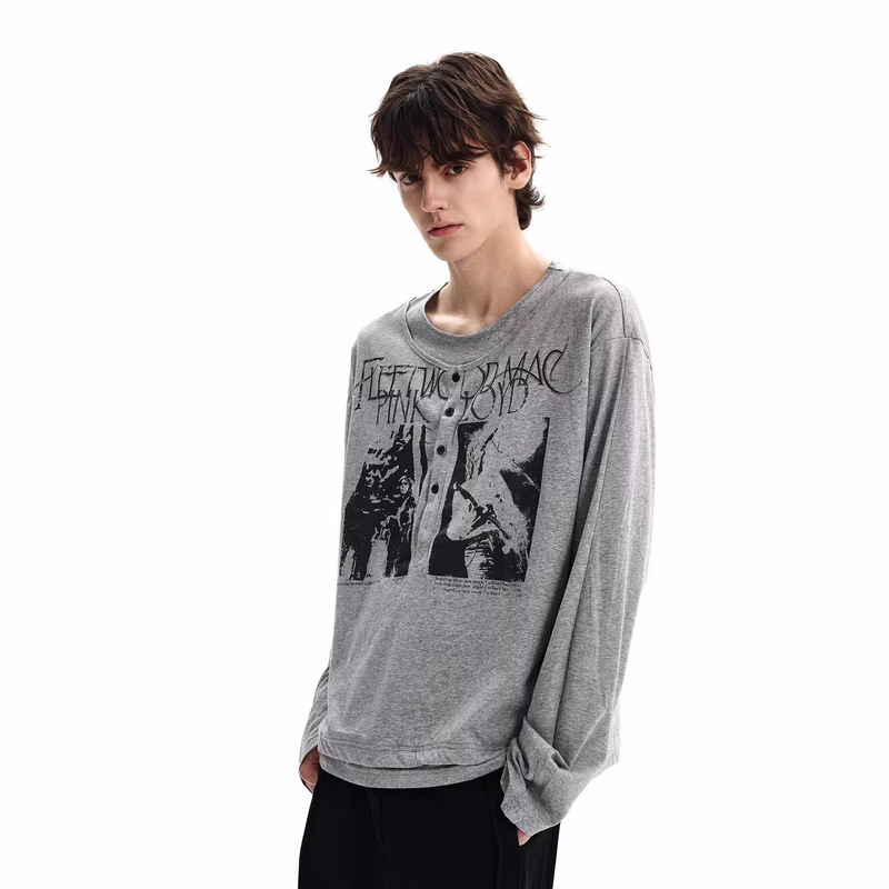 American Retro Rock Print Henley Collar Long-Sleeve T-Shirt for Men and Women, Spring and Autumn Trendy Brand Loose Fake Two-Piece Couple Tops