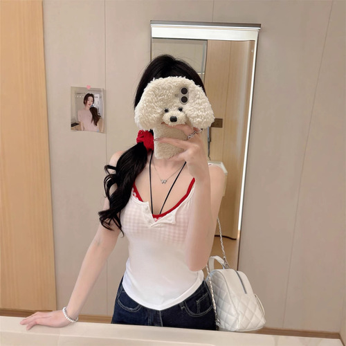 10121 Summer New Half-Sleeve Button Design Versatile Splicing Checkered One-Piece with Bra Cup Comfort Straps