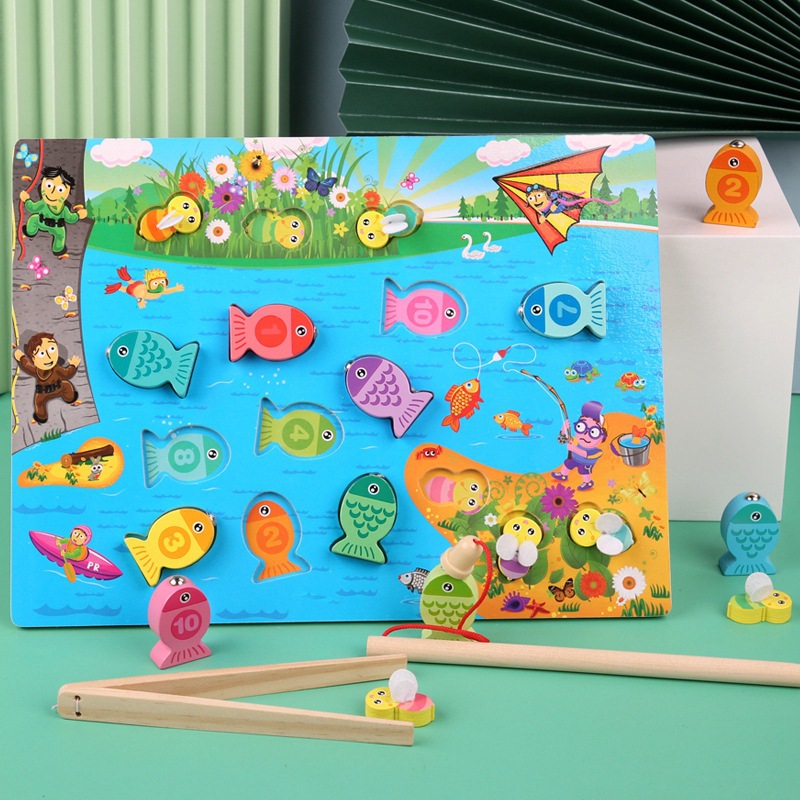 Forma geométrica cuatro juegos de caña de pescar 2 en 1 rompecabezas de madera juguetes para niños de 0-3 años de edad, regalo de jardín de infantes