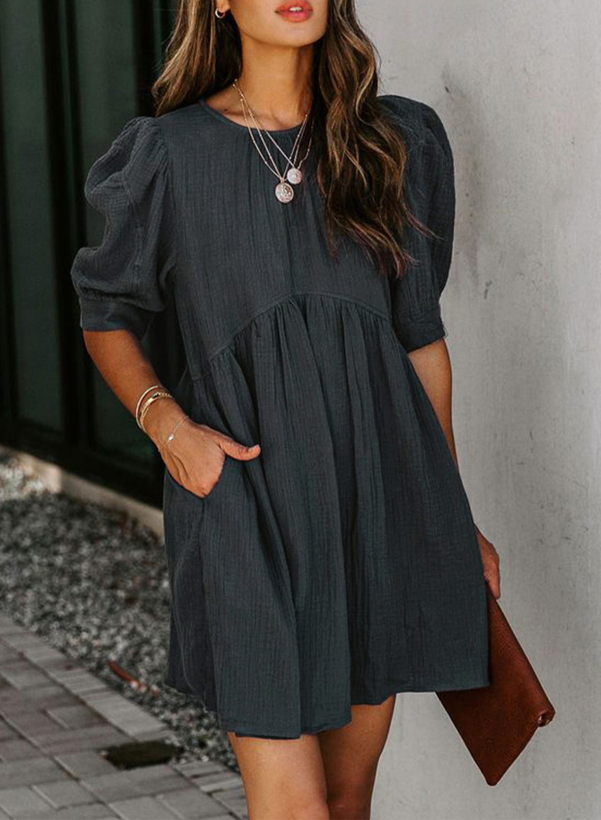 Women Plain Color Puff Sleeve Pleated Wholesale Swing Dresses With