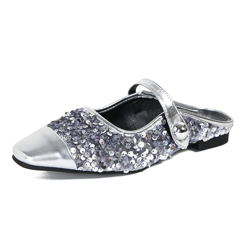 Dép mule sandal nữ bít mũi vuông quai ngang đính sequin lấp lánh, gót thấp 1–3 cm — Màu bạc, Màu đen