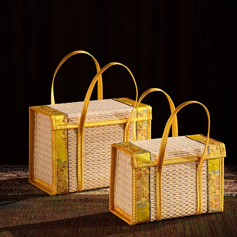 Бамбуковая корзина Ручная корзина Ручная рисовая колбаса, бекон, лунный пирог, крабовый новогодний продукт, фрукты, специальные продукты, складная бамбуковая коробка, упаковка