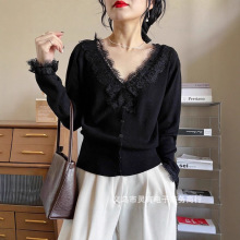 7色可定制秋季新款v领针织衫花边蕾丝内搭毛衣薄款上衣长袖女开衫