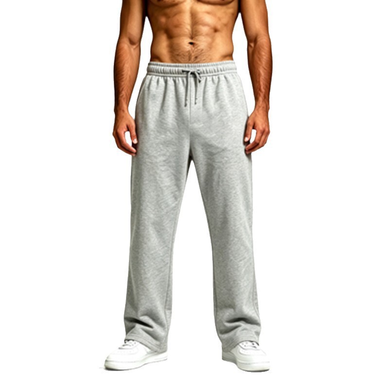 Source factory independent brand, solid-color men's drawstring wide-leg pants, suitable for sports, leisure, running, and autumn/winter wear, featuring a fleece lining and a loose, long fit